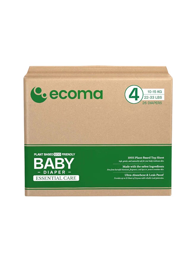 Ecoma حفاضات الأطفال الأساسية الحجم 4 (10–15 كجم) كبيرة | 26 قطعة | 100% قماش نباتي علوي | حماية من التسرب لمدة 12 ساعة | فائقة النعومة، مضادة للحساسية وخالية من الأصباغ | نباتية وصديقة للبيئة - Image 1